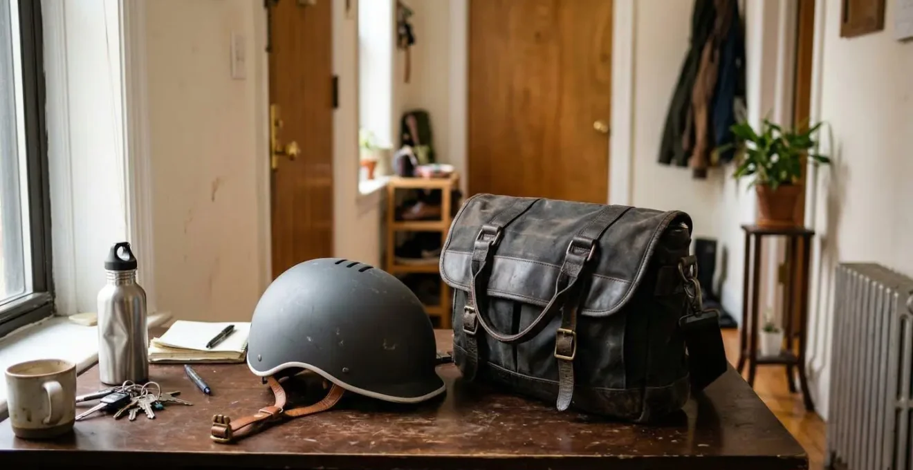 Un casque vélo urbain au design épuré posé sur un bureau à côté d'un sac de travail