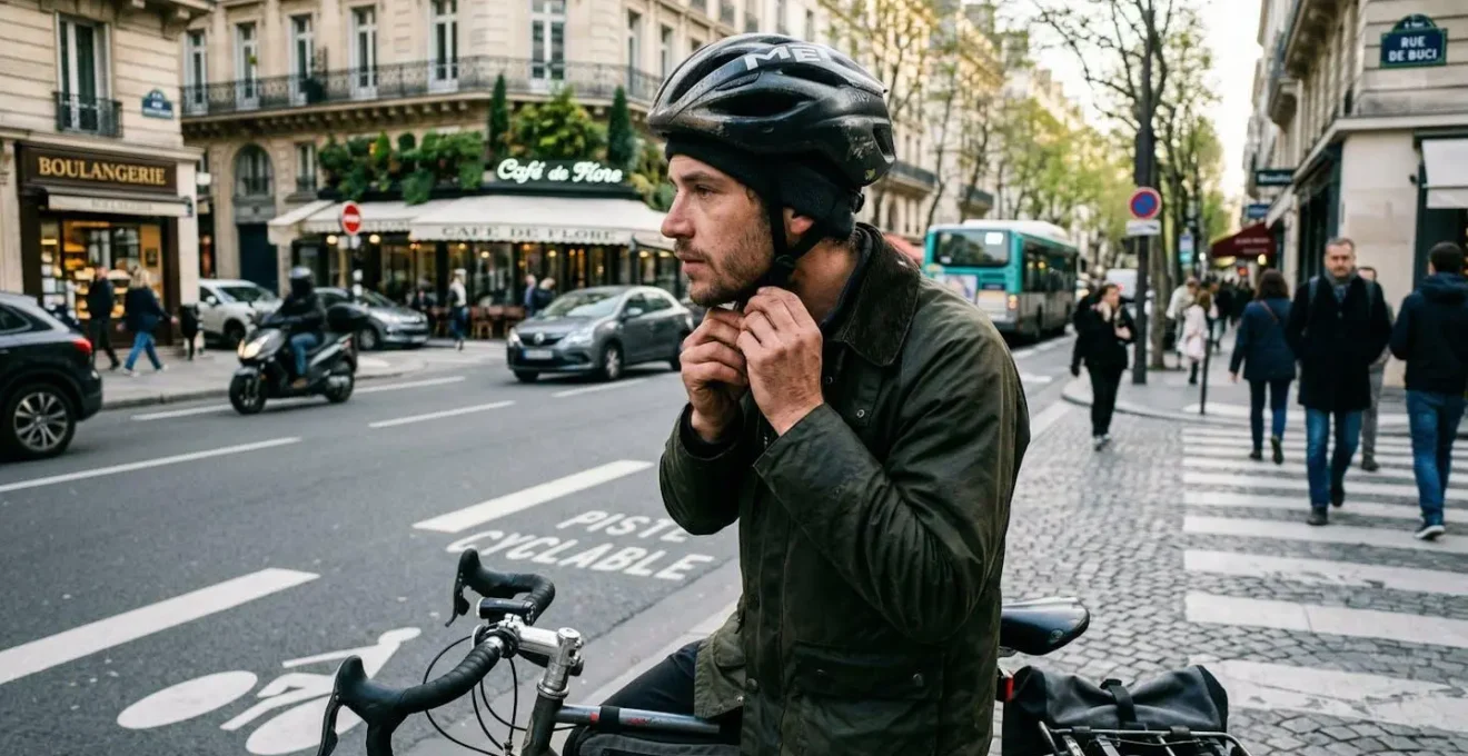 Un cycliste de dos ajuste la sangle de son casque vélo avant de monter sur son vélo, dans une rue française avec piste cyclable en arrière-plan
