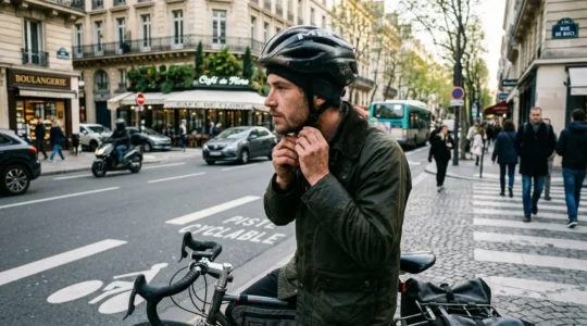 Un cycliste de dos ajuste la sangle de son casque vélo avant de monter sur son vélo, dans une rue française avec piste cyclable en arrière-plan