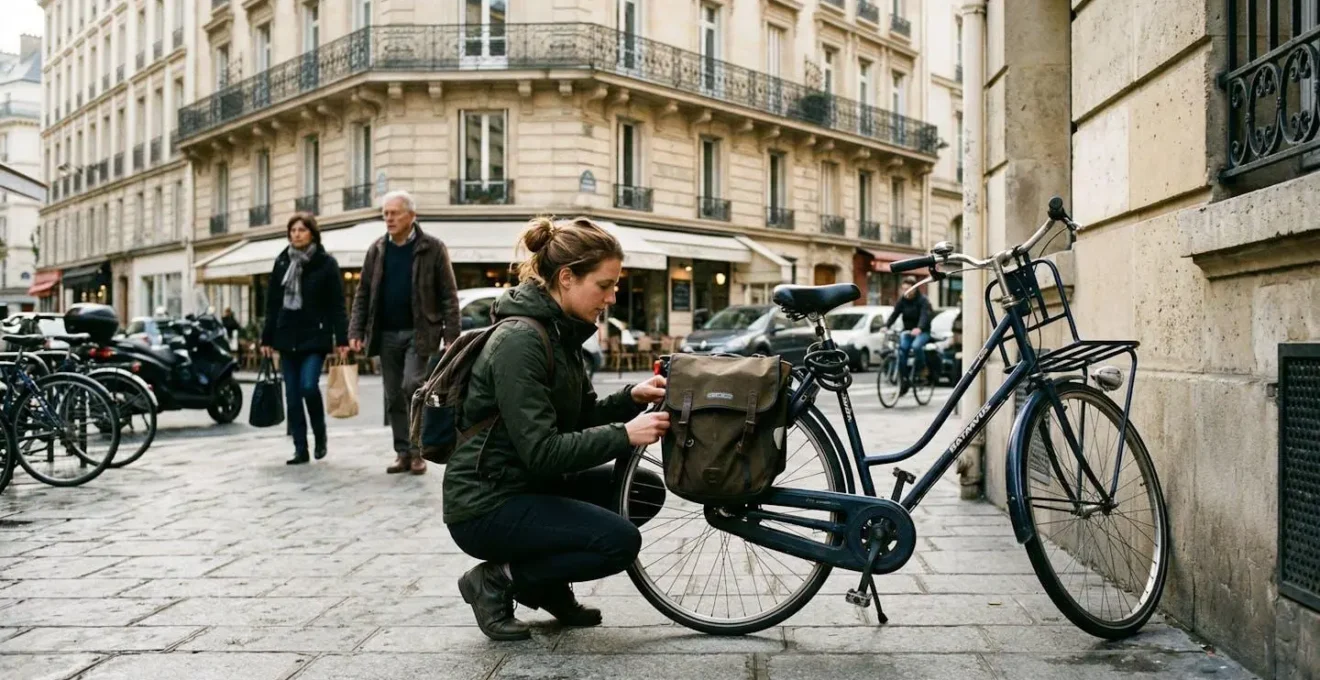 Un cycliste de dos installe sa sacoche sur le porte-bagages de son vélo de ville devant un immeuble parisien au petit matin