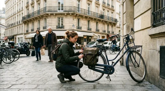 Un cycliste de dos installe sa sacoche sur le porte-bagages de son vélo de ville devant un immeuble parisien au petit matin