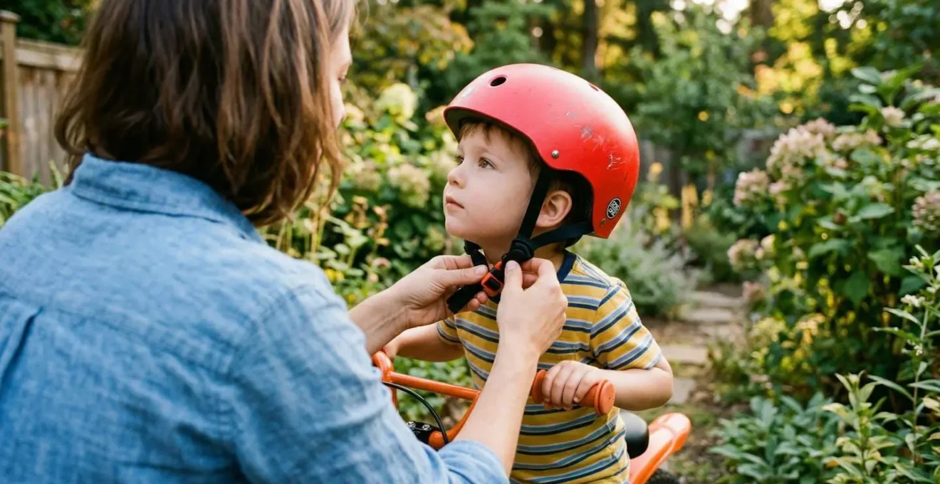 Un parent aide son enfant à ajuster son casque vélo dans un jardin, scène quotidienne familiale