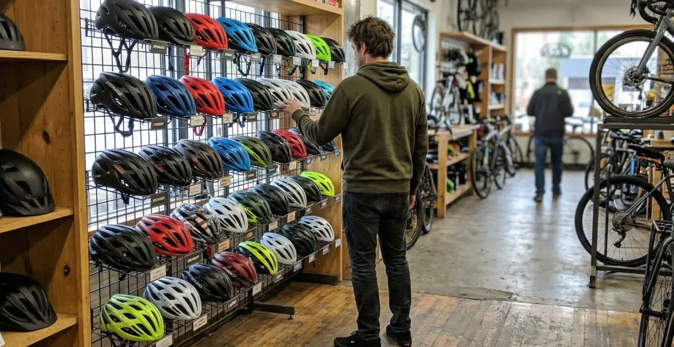 Un client vu de dos observe un rayon de casques vélo de différentes couleurs dans un magasin spécialisé