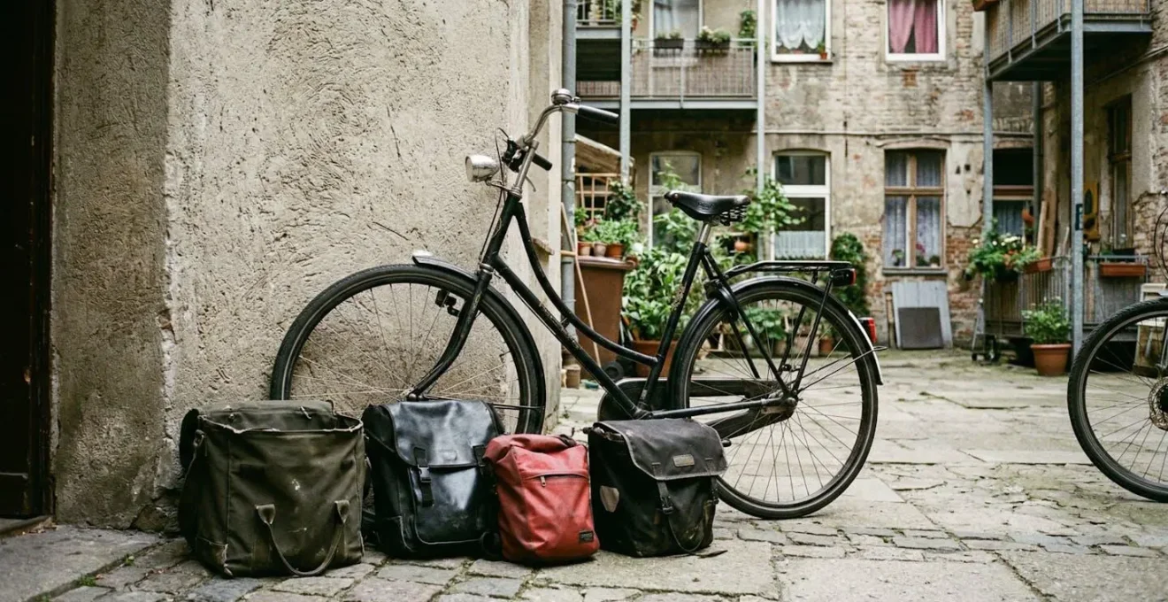 Plusieurs sacoches de tailles et couleurs variées posées au sol à côté d'un vélo hollandais noir dans une cour d'immeuble